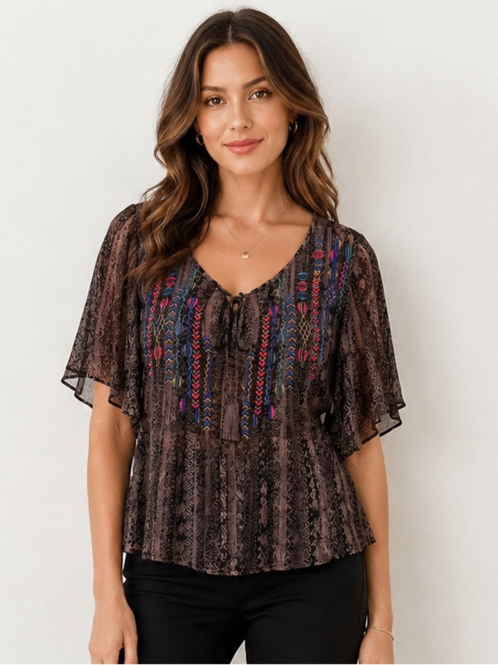 Ecoté Embroidered Boho Peasant Top Size Small Black Multi Rayon